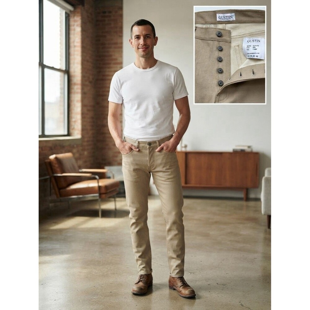GUSTIN Slim #447 Cone Mills Men 40x37 Khaki Broken Twill 5 Pocket Pants USA NWOT